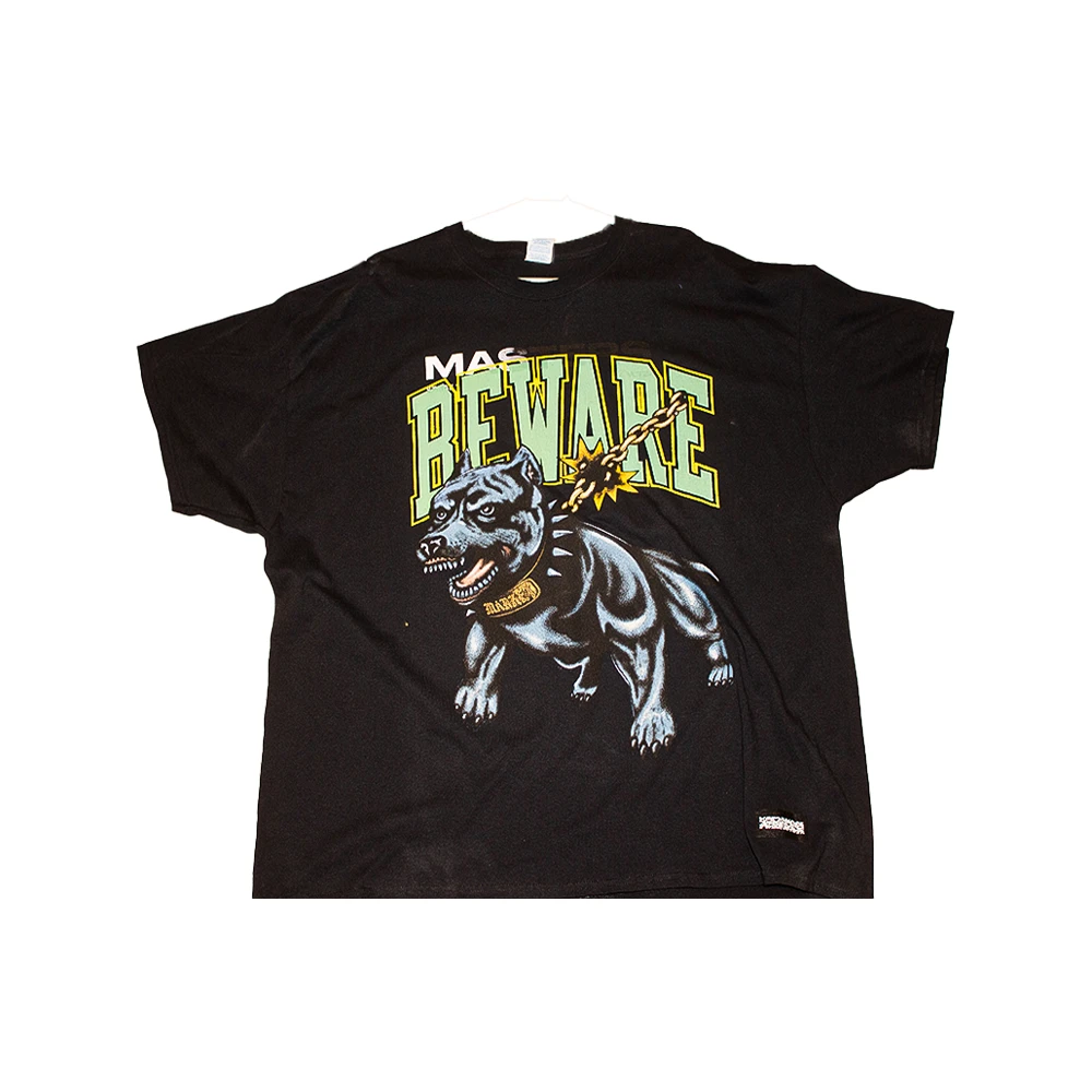 Black T-shirt with a large multicoloured graphic print