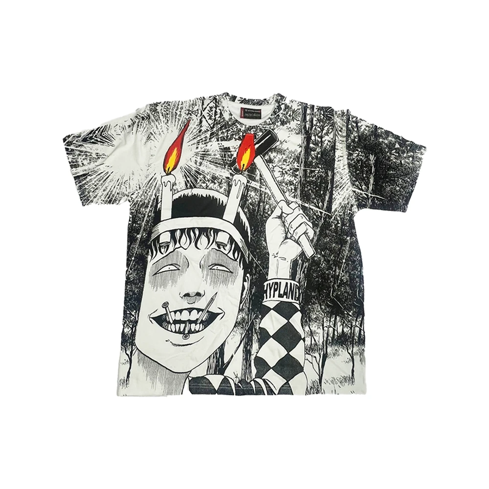 White T-shirt with a full-coverage black illustration