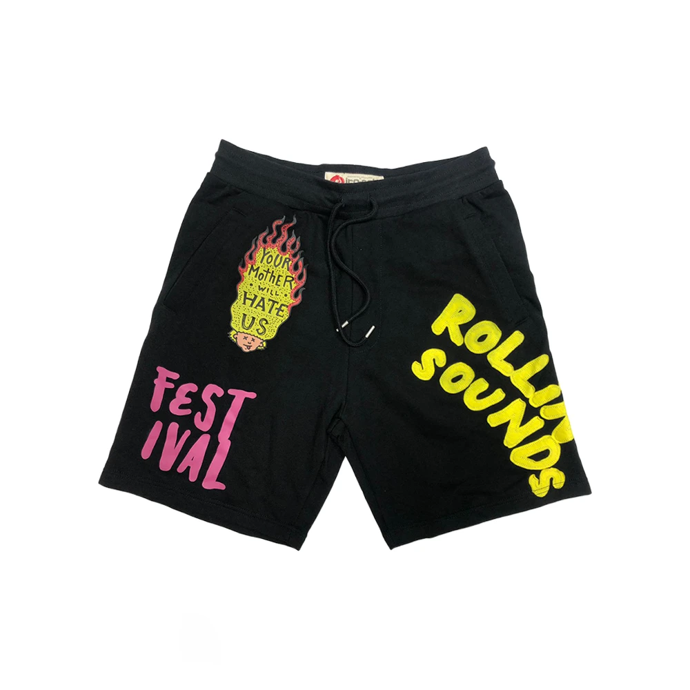 Black shorts with colourful printed lettering and graphics